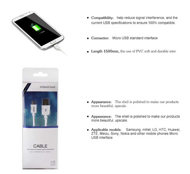 Cáp Micro USB Pisen 1500mm Cho Smartphone Samsung Sony HTC Nokia