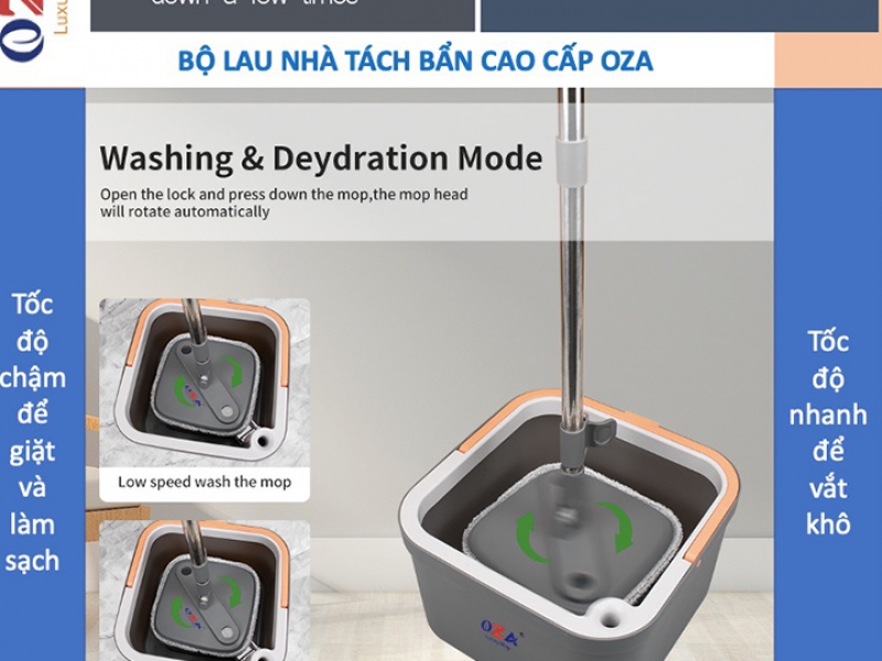 Bộ lau nhà OZA LUXURY MOP thế hệ mới xịt giặt sạch - tách bẩn - sấy khô 3in1