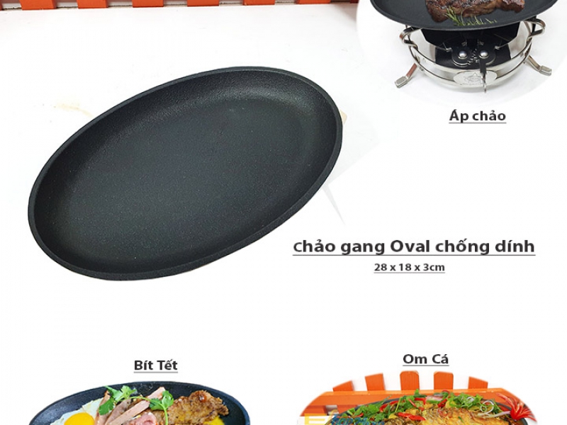 [Loại lớn] Chảo gang hình oval chống dính làm bò bít tết dùng được trên bếp từ